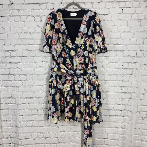 Tanya Taylor Brynn Floral Mini Wrap Dress Womens 18 Navy Floral Flutter Sleeves - Picture 8 of 16